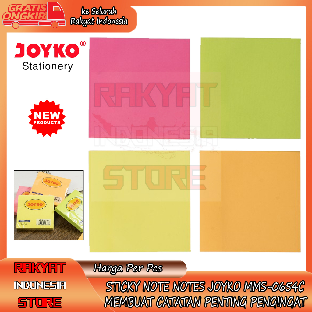 

JOYKO MMS-0654C MEMO STICK STICKY NOTE NOTES KERTAS PAPER PENGINGAT BELAJAR TUGAS PERLENGKAPAN SEKOLAH ATK ALAT TULIS KANTOR WARNA WARNI TEMPEL 100 LEMBAR BUKU PERKANTORAN GLUE NEMPEL LEM DINDING STYROFOAM GABUS 75x75 mm 3x3 in inchi nchi inci PER PCS