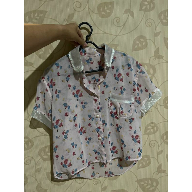 Baju Atasan Wanita Crop Flower Pink