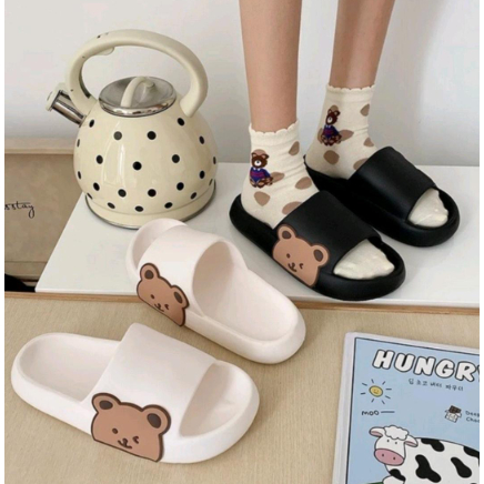 (GS)  Sandal Slop Wanita EF10 / Sandal Slip On Motif Bear Empuk Tebal / Sandal Slip On Lucu Murah