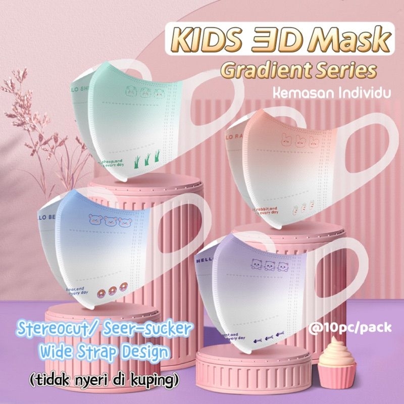 10PCS MASKER ANAK DUCKBILL 3D STEREO TALI LEBAR TALI KECIL EARLOOP 3PLY WARNA GRADASI MOTIF EMBOSS C