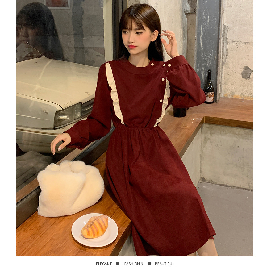 Eun-Bin Midi Dress Kancing Mutiara - Dress Korean Wanita Import TM (CY274)