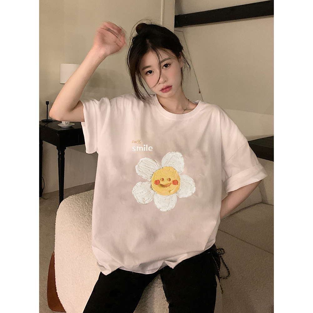 XIAOZHAINV Kaos Atasan Oversize Wanita Flower Pattern Lengan Pendek A0642