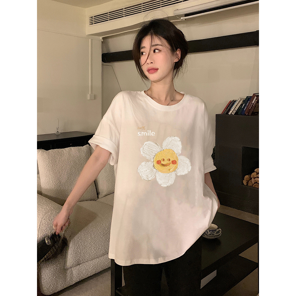 XIAOZHAINV Kaos Atasan Oversize Wanita Flower Pattern Lengan Pendek A0642