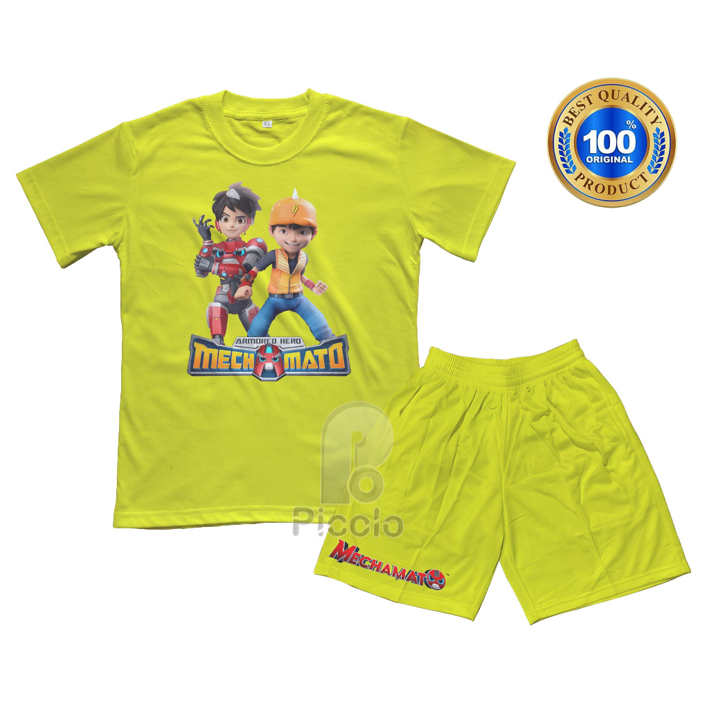 (FREE NAMA) BAJU KAOS SETELAN ANAK MOTIF KARAKTER KARTUN MECHAMATO X BOBOIBOY UNISEX