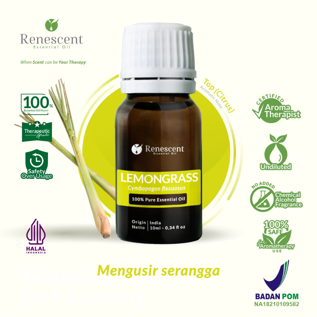 Renescent Lemongrass Essential Oil 10ml Diffuser Aromatherapy Humidifier Air Purifier Lilin Aromaterapi