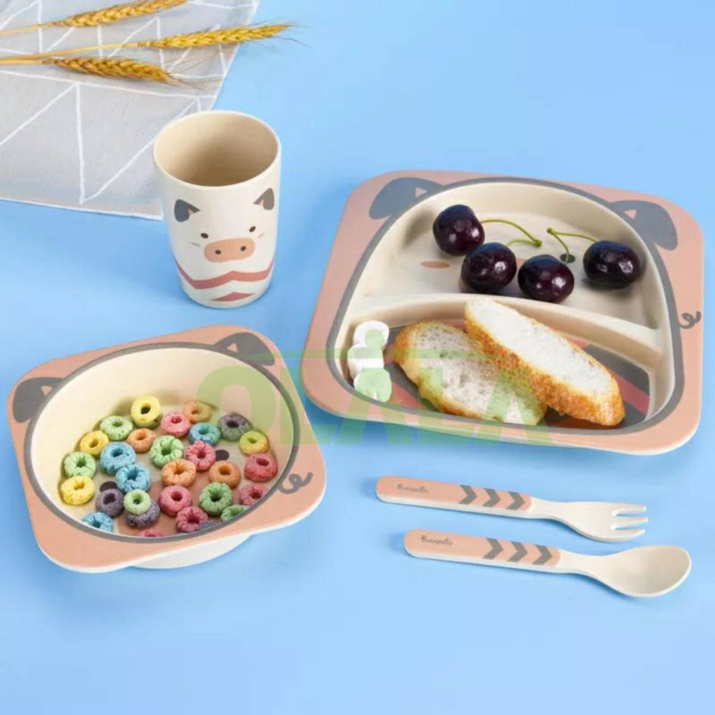 SET ALAT MAKAN ANAK 5 IN 1 BAMBOO FIBER FEEDING SET PIRING ANAK BALITA LUCU OLL-ZXW005