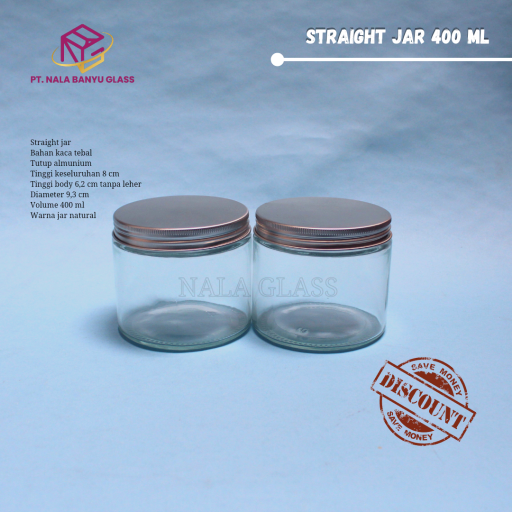 SJ400 RETTO straight glass jar 400ml / toples kaca 400ml tutup almunium silver