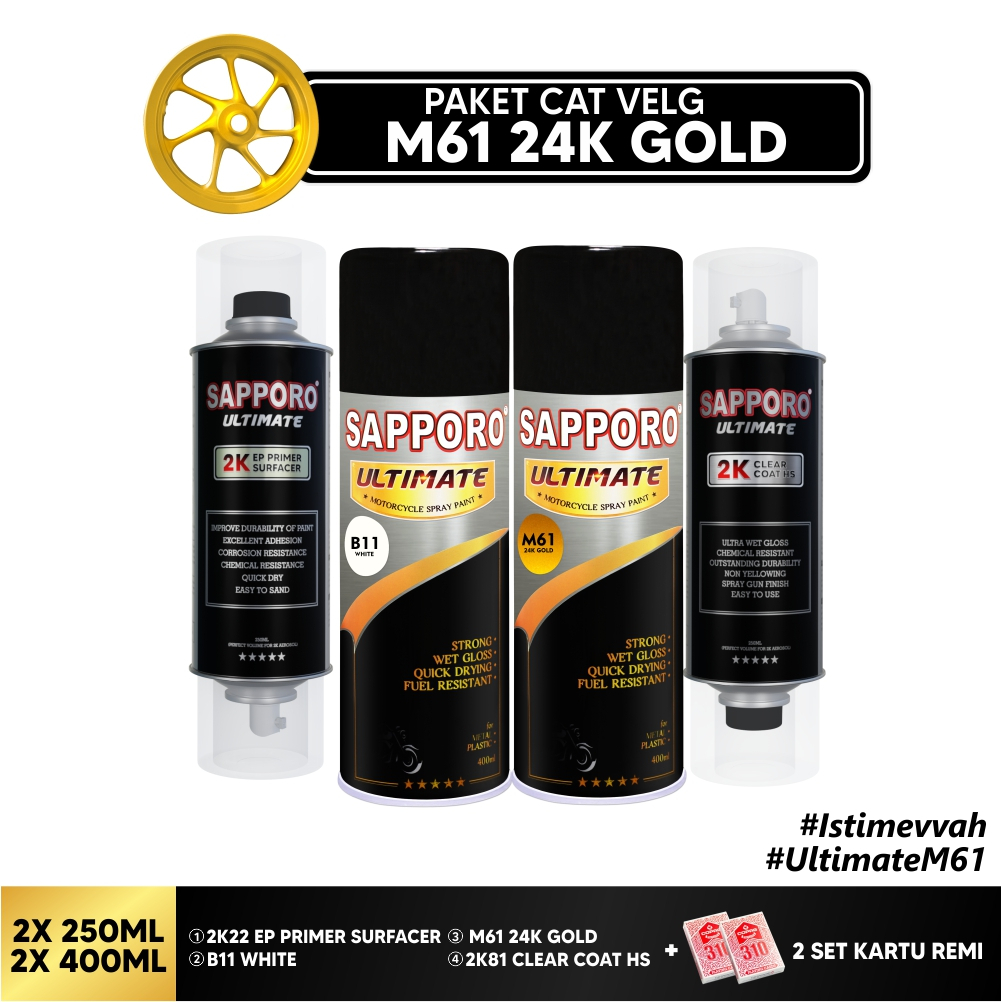 Paket Cat Velg M61 24K Gold + FREE Kartu Remi / Sapporo Ultimate / Cat Spray Semprot Aerosol Terbaik