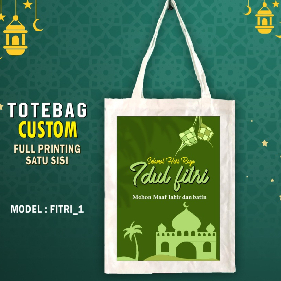 Tas Parcel Idul Fitri Baby Canvas Blacu Printing Custom/Tote Bag Eid Mubarak Custom Murah/Totebag Fu