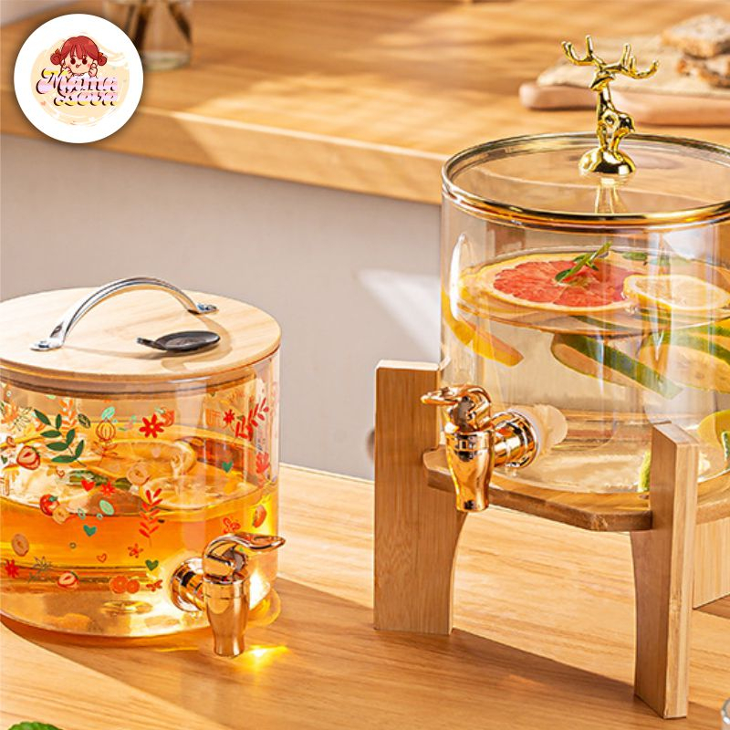 TEMPAT DISPENSER AIR MINUM JUS KACA PRASMANAN BELING KRAN  WATER JUG TANK  KULKAS  DUDUKAN KAYU MINI