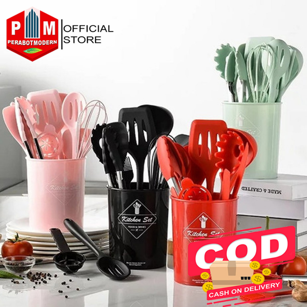 Spatula Set Silikon Full 12pcs Kitchen Baking Utensils Set Sutil Alat Dapur / pengocok telur sutil sodet capitan sendok sayur sendok mie spageti gorengan sop daging silicon gagang kayu dengan tempat tidak meleleh