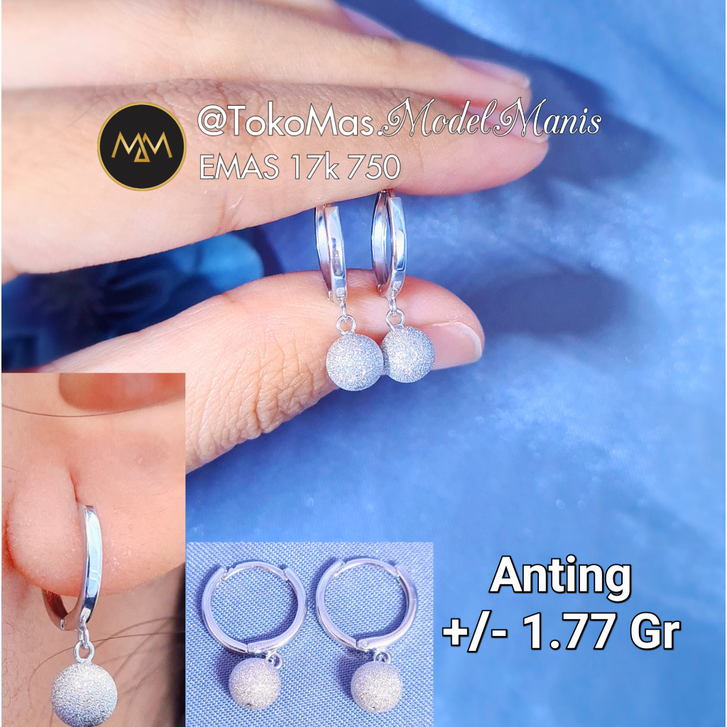 Anting jepit bola pasir emas putih 750 kadar 17k