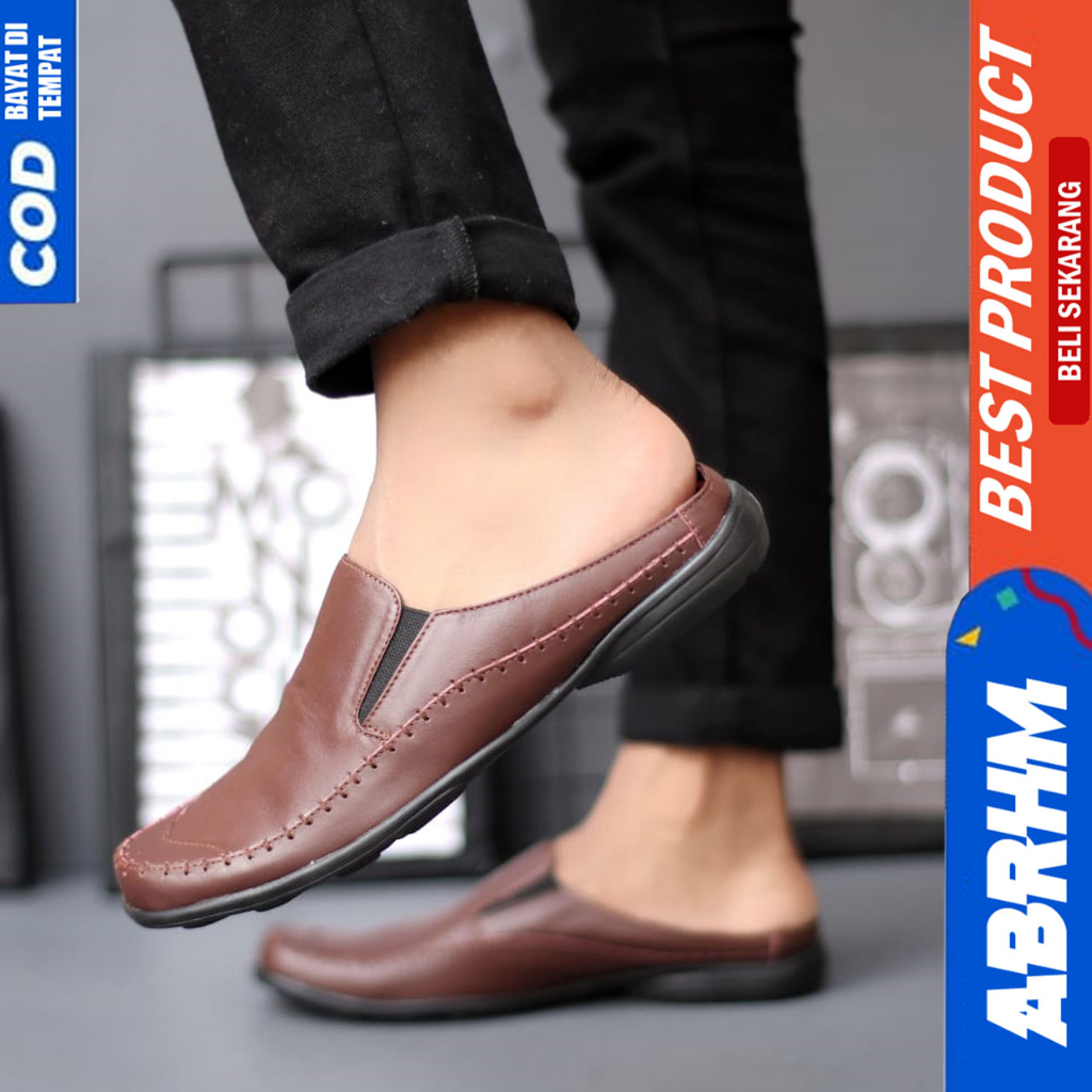 Sepatu Sandal Slop Pria Bustong Casual Kulit Asli Hitam Abrhm Calvin