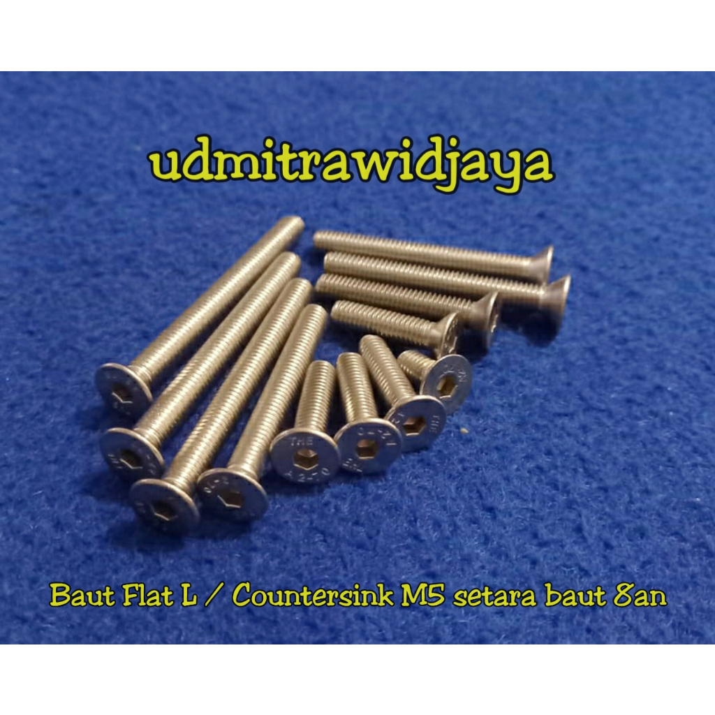 Baut Flat L baut countersink 5x30 tirus verseng L kunci 8/L 3mm panjang 10, 20, 30, 40, 50mm stainless baut L versunk baut stainless stell anti karat ss304 baut tirus baut 8an