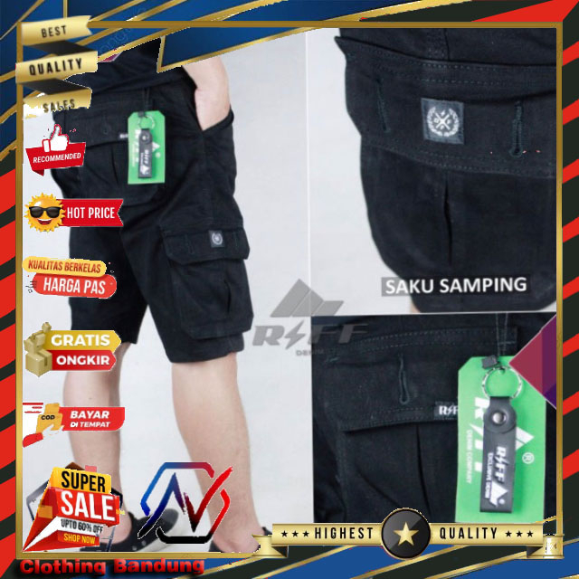 AV - Celana pendek Cargo Riff Denim Pria warna Hitam/ cargo cowok original / cargo pendek distro ori