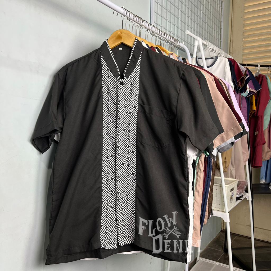 Baju koko Lengan Pendek Motif Kobata Falcon Hitam Putih - Flow Denim