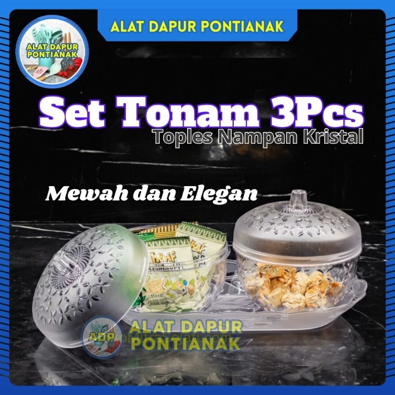 3Pcs Set Regina Toples Kristal Akrilik Nampan Cantik Tonam Candy Jar Storage With Tray Tempat Kue Ke