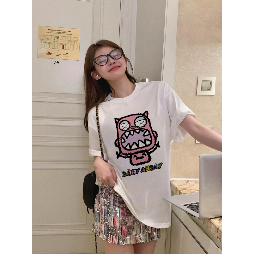 EUNII T-shirt Lengan Pendek Cute Little Monster Korean Style/Kaos Atasan Wanita/Baju Kaus Oversize Wanita/Kaos Wanita