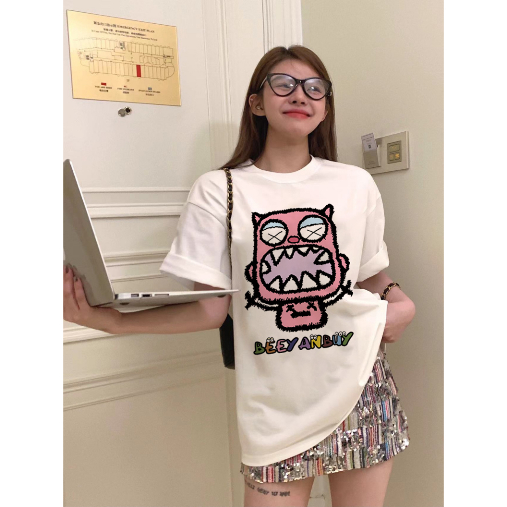 EUNII T-shirt Lengan Pendek Cute Little Monster Korean Style/Kaos Atasan Wanita/Baju Kaus Oversize Wanita/Kaos Wanita