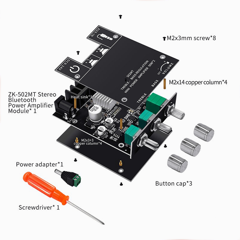 ZK-502MT 2*50W Stereo Bluetooth 5.0 2.0 Channel Audio Digital HIFI Power Amplifier Board High Power Audio Stereo Amplifier Board AUX Bass Treble AMP 12V 24V