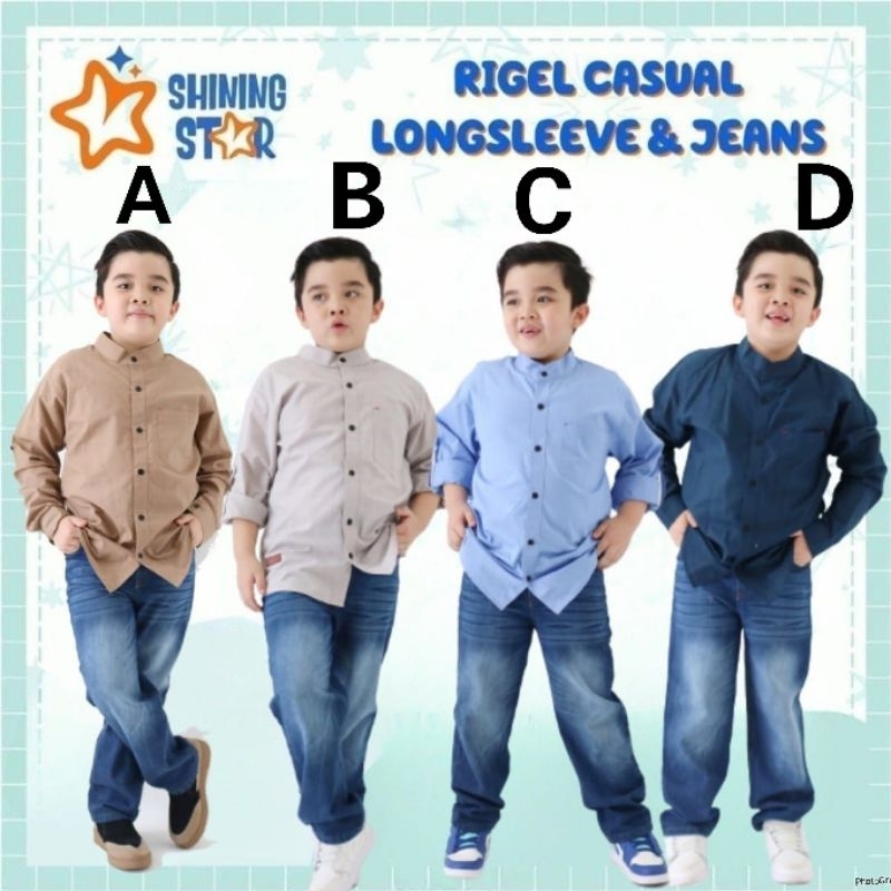set rigel casual longsleeve & jeans by shining star set kemeja anak