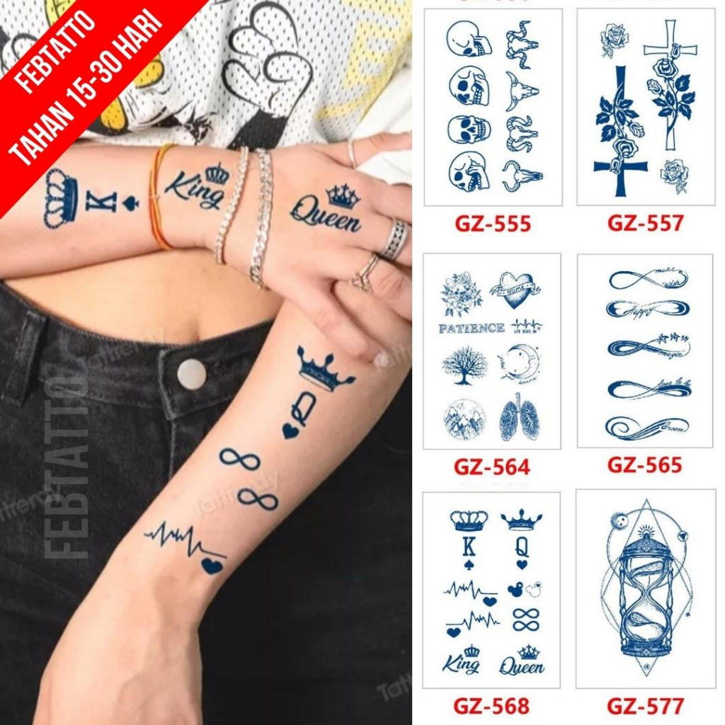 Tato Semi Pemanent Tahan 1 Bulan Ukuran 11cmx18cm Tato Lengan Tato Dada Tato tangan Tato Kaki Tato Jari  Motif Aesthetic Tatto Temporary Stiker Tato Halal Grosir Tato air motif jam pasir, king queen, bomer, love, salib, tengkorak, kepala kambing GZ 568