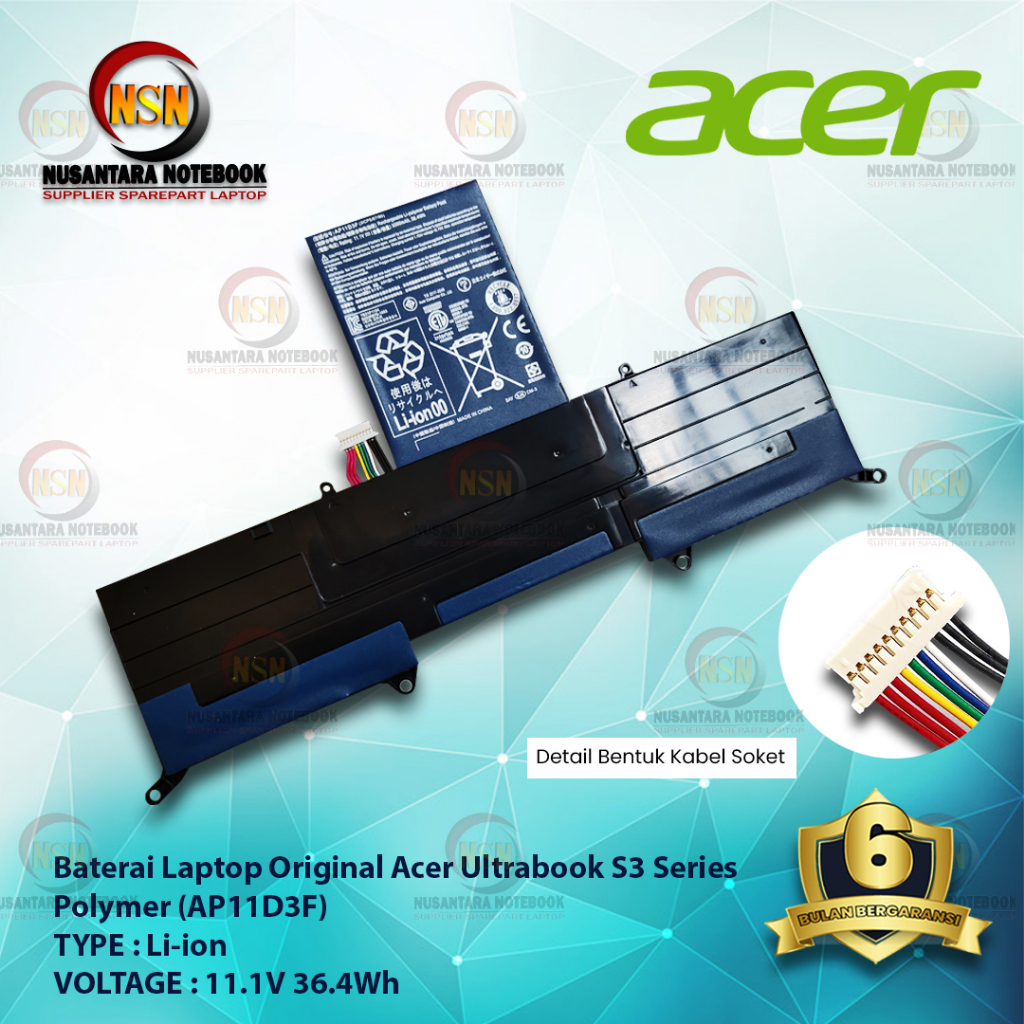 Baterai Laptop Acer Ultrabook Original S3 AP11D3F SERIES BLACK POLYMER