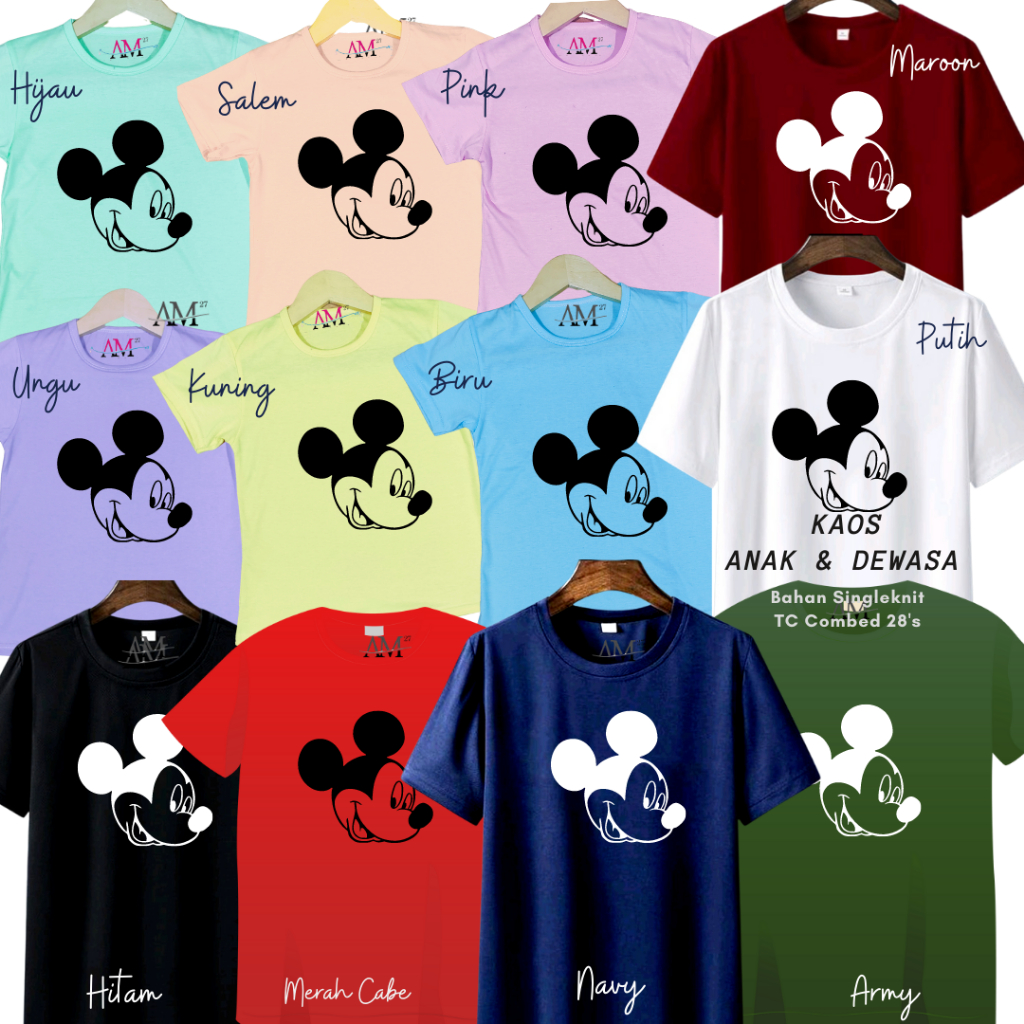 Kaos Anak Cowok 3-12 tahun - Remaja - Dewasa S- 7XL-XXXL Pria &quot;Miki&quot; 12warna