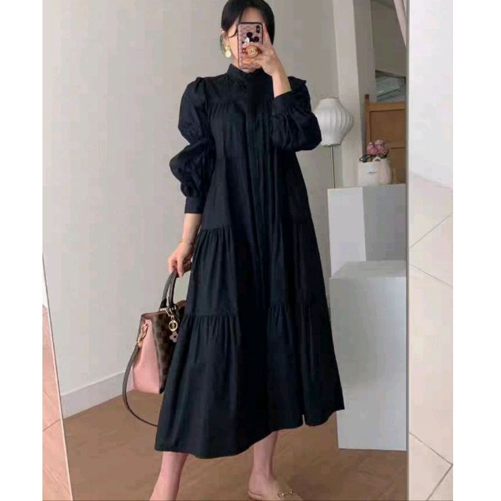 88370 Baju maxidress longdress BABYDOLL REMPEL lengan panjang polos dres Korea Korean style wanita i
