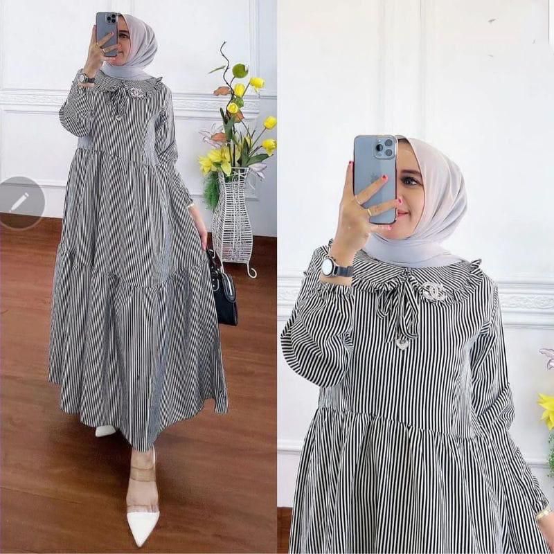 Tyara MIDI Dress Salur Bahan Katun