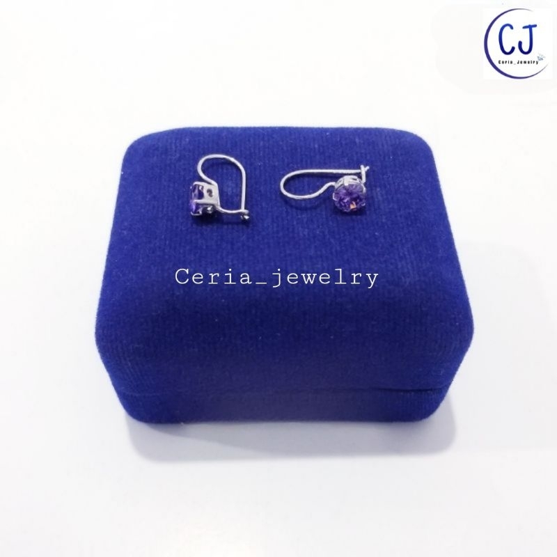 Anting Perak Asli Silver Wanita 925 Lapis Emas Putih Asli Model Desi Permata Ungu - Perak Asli Murni Original