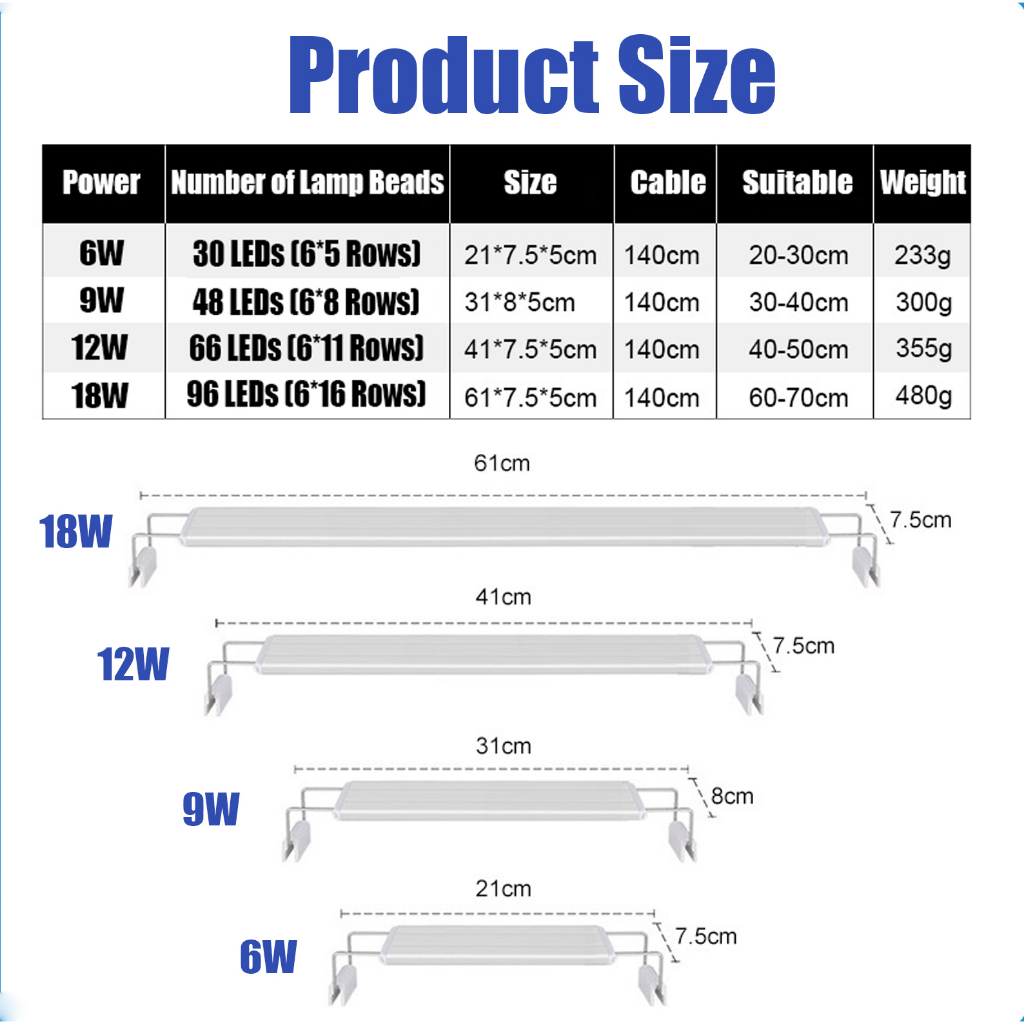 Aquarium Lampu LED Lampu Tanaman Air Lampu Tangki Ikan Warna-warni 18-90cm Lampu Tangki Ikan 6 Baris Manik-manik LED