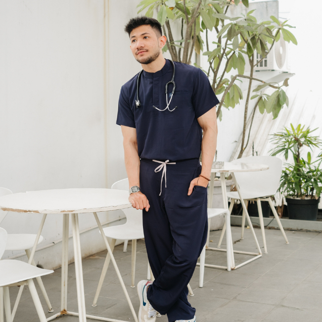 Baju Jaga MANDARIN SS - DARK BLUE Scrubs Theatre Blues First Line Lengan Pendek