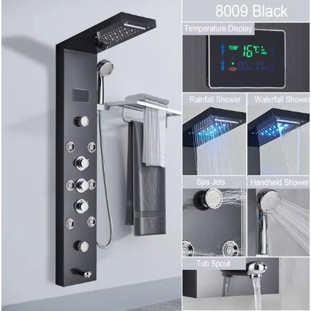 Shower Mandi Panel LED Massage Jets Wall Mounted - 8009 - Black