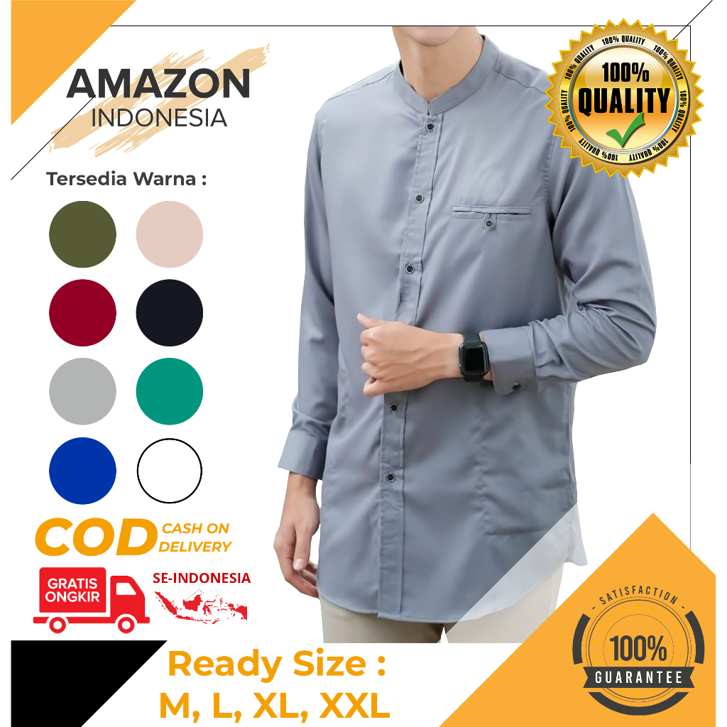 Baju Koko Kurta Dewasa Lengan Panjang Warna Abu-Abu Material Catton Toyobo Adem Serap Keringat