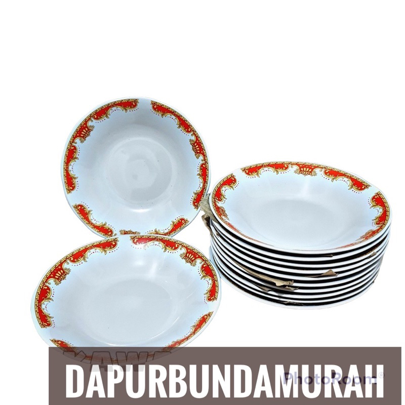 1 lusin LILIA 8 INCH PIRING MAKAN MAHKOTA MERAH PIRING KERAMIK BATIK