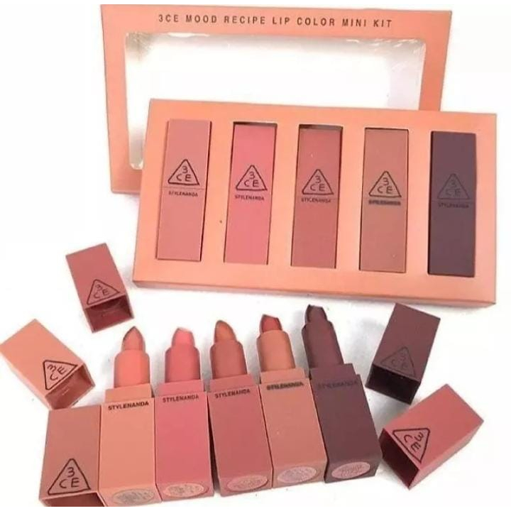 Lipstik 3CE Mini Kit 1 Set Isi 5 Pcs Varian Warna Coklat / Mood Recipe Lip Color Mini Kit Nude Series / Lipstik Korea Halal