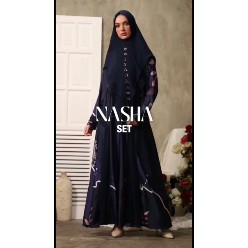 Gamis syari Nasha set brand isaora/syar’i rosecrape/ gamis silk/gamis armani silk/gamis abaya semi s