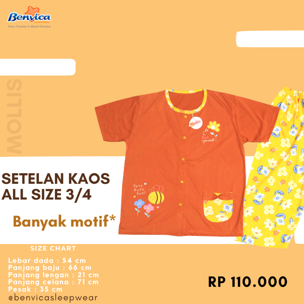 BAJU TIDUR SETELAN KAOS BAJU RUMAHAN DEWASA 3/4 MOLLIS AL BANYAK MOTIF