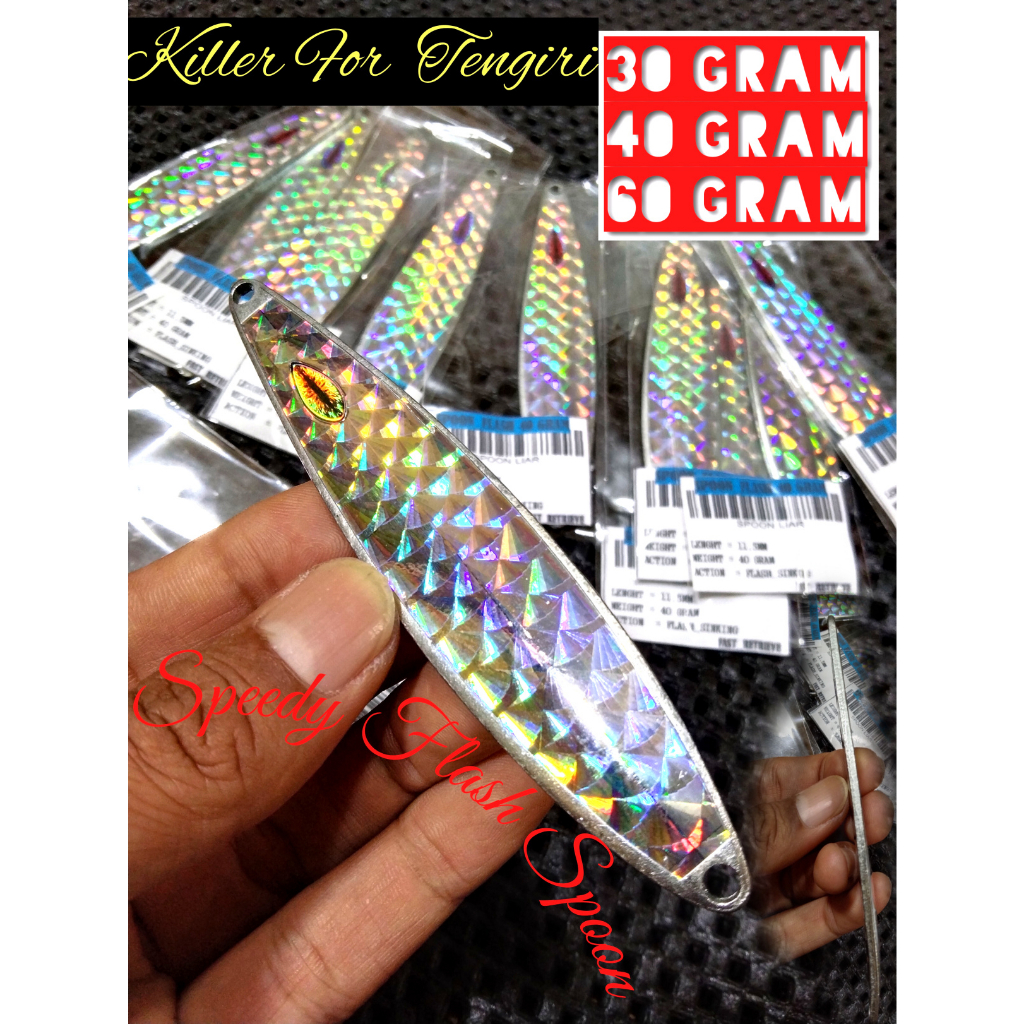 Lure umpan Spoon model tempel stiker Hollogram 3d Sisik ikan 30 40 60 gram