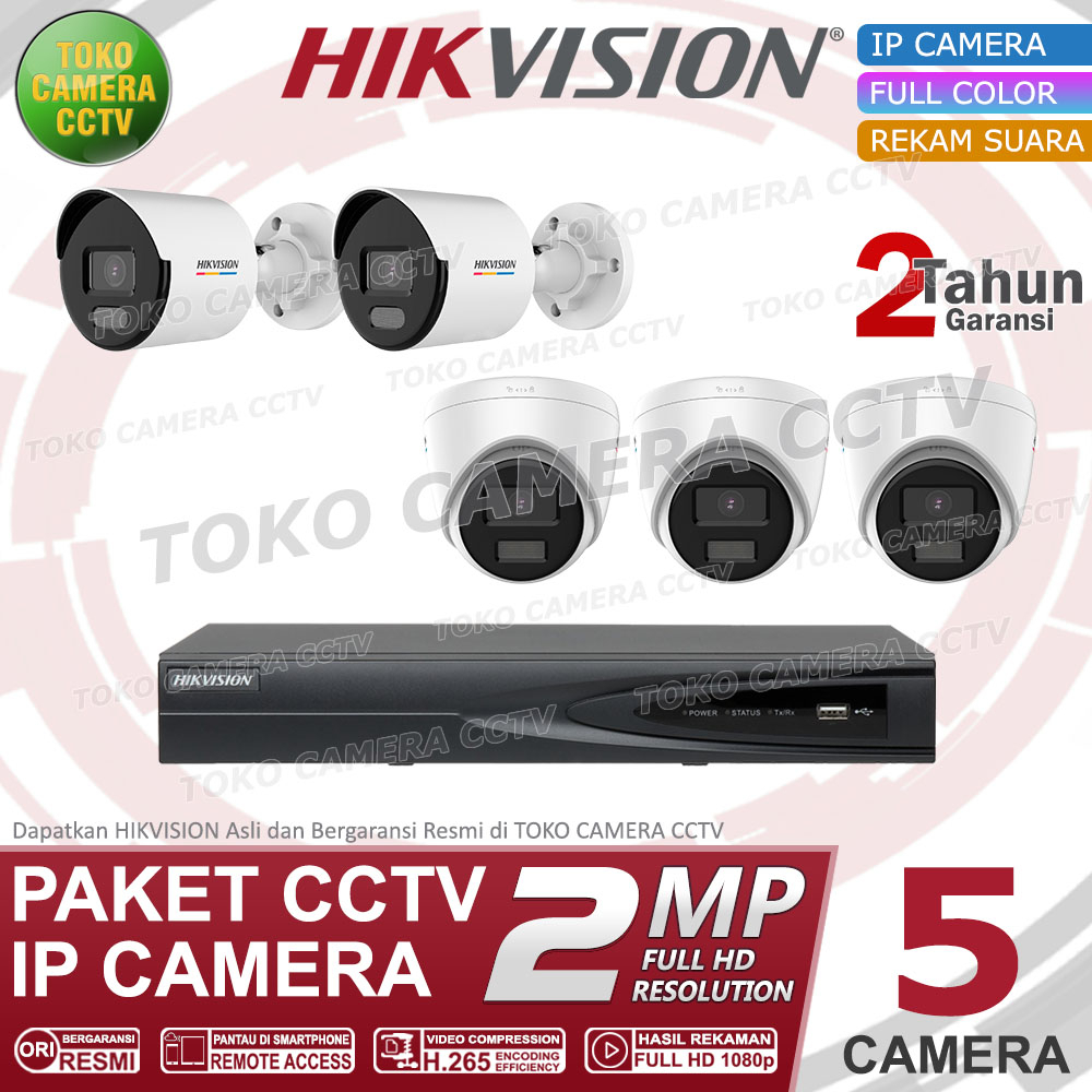 PAKET CCTV IP CAMERA HIKVISION 2MP COLORVU AUDIO 8 CHANNEL 5 KAMERA