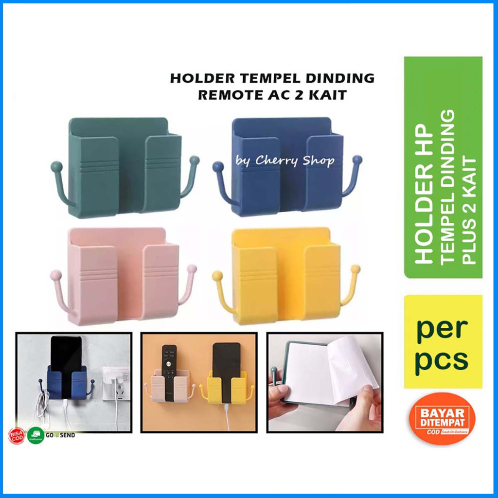 Holder Tempel Dinding Dengan Gantungan 2 Kait Rak Gantung Tempat Charger Hp Remote TV AC Multifungsi