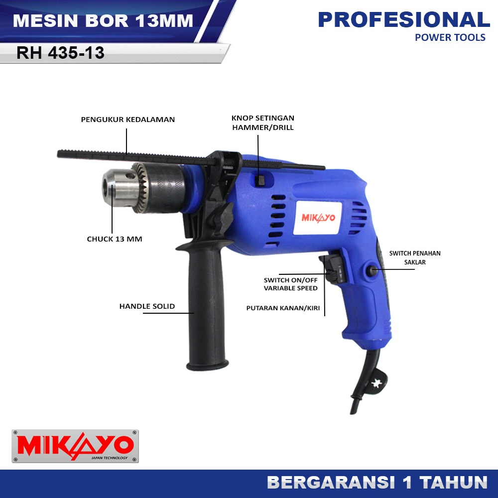 Lengkap Siap Pakai Bor 13mm free mata impact drill hammer bor mikayo japan tekhnology biru bos