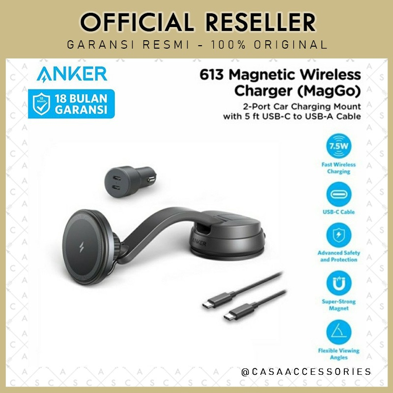 Anker 613 Magnetic Wireless Car Charger MagGo Dual Port USB-C - B2930