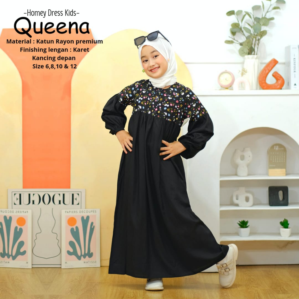 Gamis Anak Motif Bunga Homey Dress Anak Queena Gamis Anak Muslimah Usia 4-12tahun Bahan Katun Rayon Premium Nyaman Dipakai| Bisa Cod