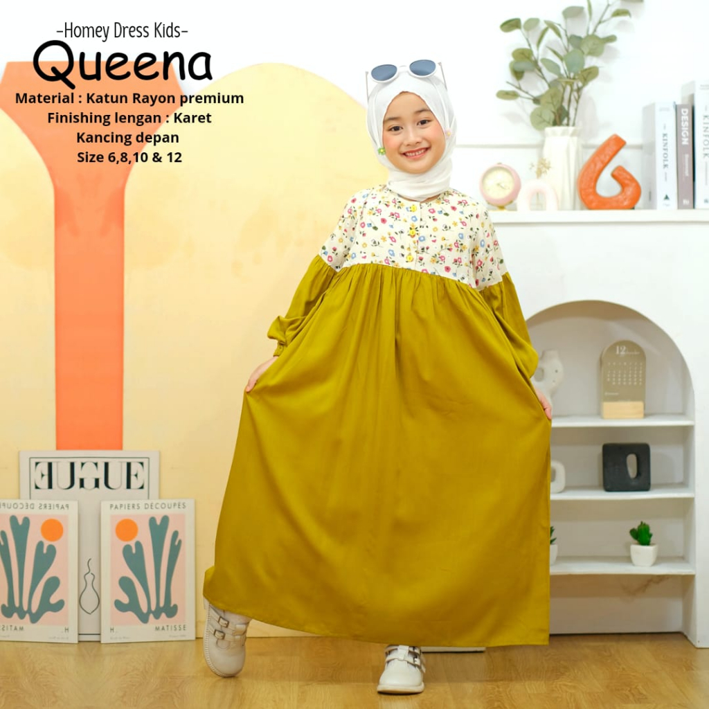 Gamis Anak Motif Bunga Homey Dress Anak Queena Gamis Anak Muslimah Usia 4-12tahun Bahan Katun Rayon Premium Nyaman Dipakai| Bisa Cod