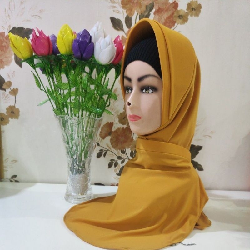 jilbab tumpuk tali warna kuning gold