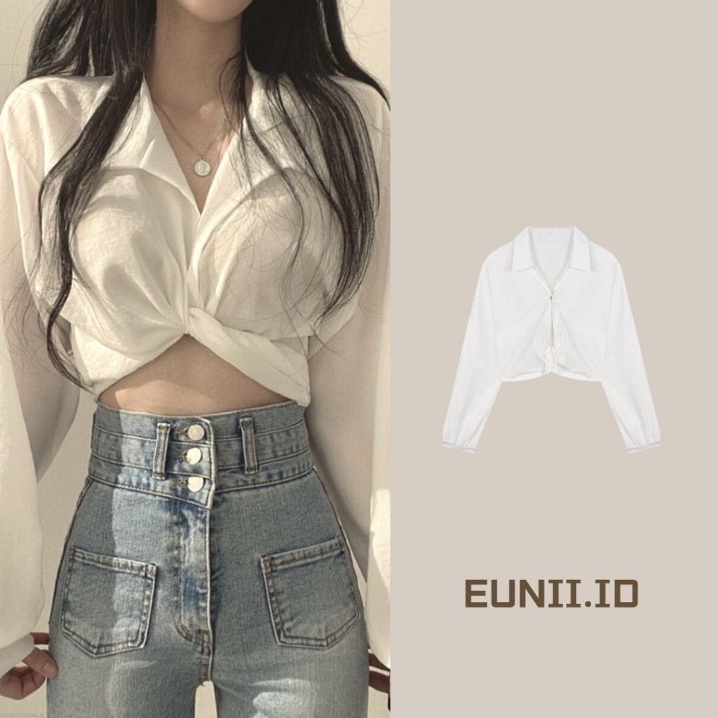 EUNII Blouse Crop Kaos Wanita Lengan Panjang Wanita Mengikat Terbaru Korean Style