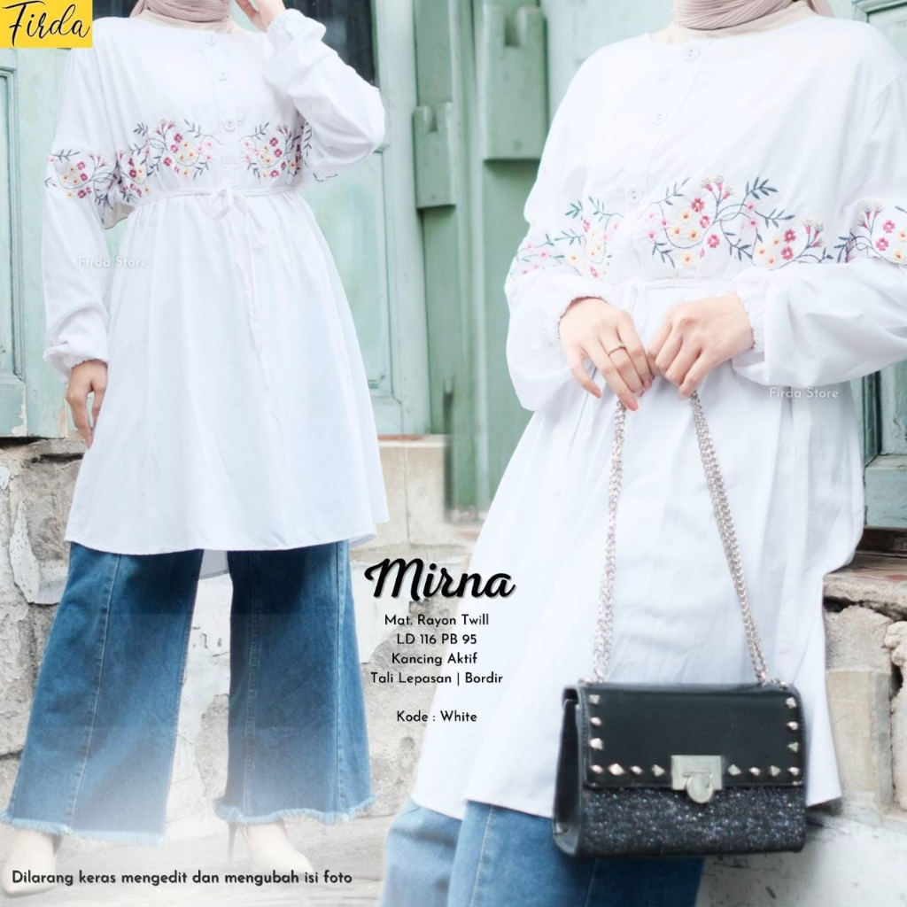 Mirna Tunik Firda Atasan Wanita Lengan Panjang Warna Putih Jumbo Bigsize LD 110 120 XXXL Bahan Rayon