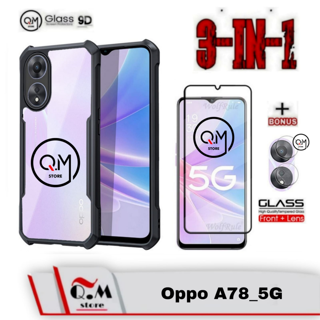 Paket 3 in1 Case Oppo A78 5G Softcase Transparan Armor Acrilik Pelindung Back Cover